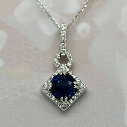 3CT Round Cut Blue Sapphire And Diamond Pendant Necklace 14K White Gold Finish - Picture 1 of 6