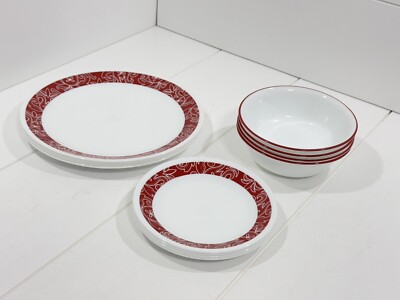 12 pc Set Corelle Vitrelle Bandhani Red-White Dinner, Salad Plates, Bowls 