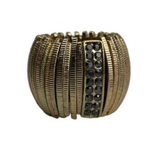Large Adjustable Ring Elastic Stretch Gold Metal Black Rhinestones Statement