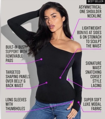 TA3 Black One Shoulder Long Sleeve Sculpting Shapewear Corset Top Size M Viral