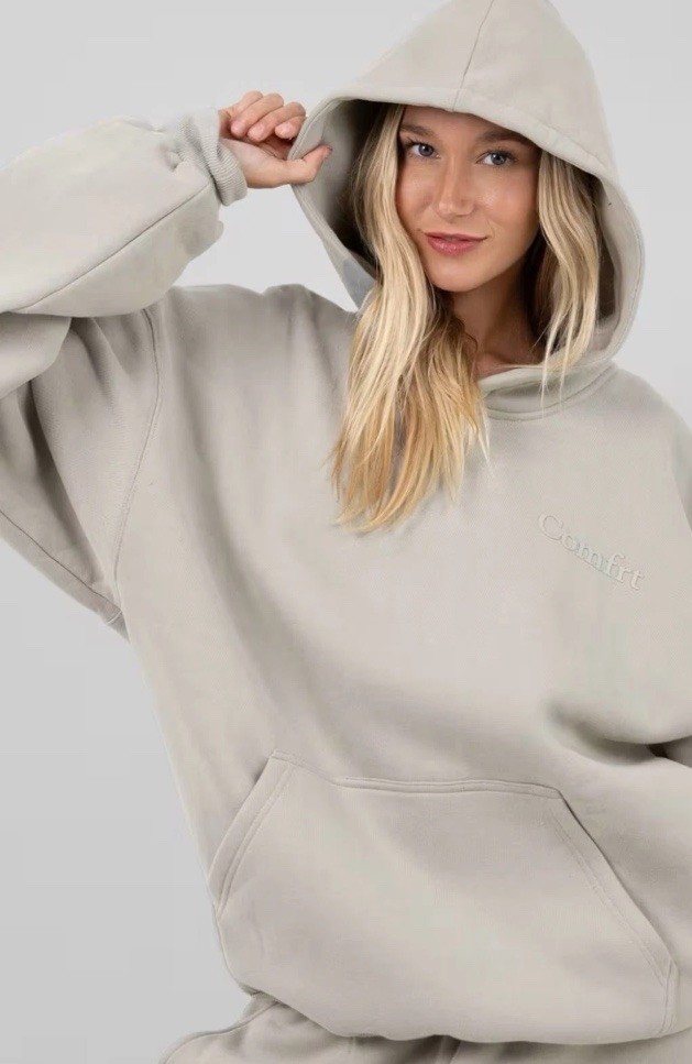 New Comfrt Minimalist Hoodie Med Cement Beige Fleece Oversized Cozy Heavyweight
