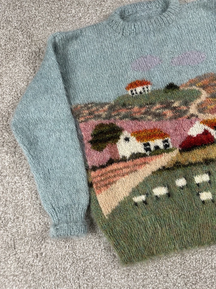 Suéter De Colección Susie Lee Para Mujer Mohair Mediano Tejido a Mano Cabaña Ovejas Pastos Años 80 Foto 4 de 4