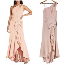Adrianna Papell NWT Ruffled Maxi Evening Dress Size 10 One Shoulder Blush Pink