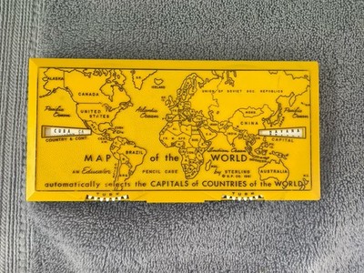 VTG 1960 Sterling Plastic Co-Educator White Pencil Case New World Map Countries
