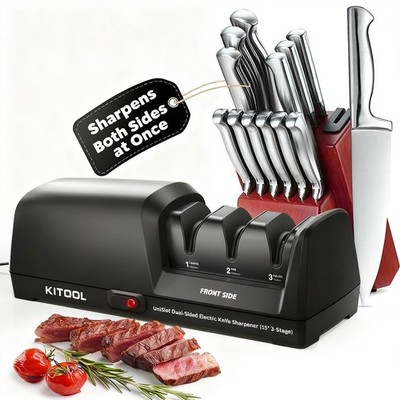 Electric Knife Sharpener, Dual-Sided 3-Stage Sharpener with 100% Diamond Abra...