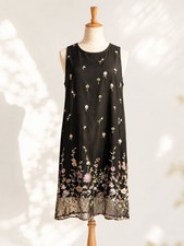 Black Embroidered Floral Mesh Shift Dress Boho Cottagecore Garden Party L