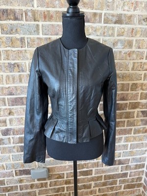BB Dakota Black 100% Real Leather Peplum Moto Jacket small black pleated waist