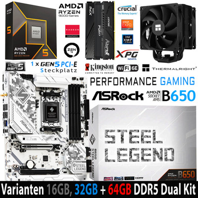 PC Bundle Ryzen 5 9600X ASRock B650 Steel Legend Wifi mit 16, 32 oder 64GB DDR5