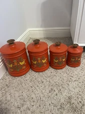 VTG Kromex Orange Canister Set Pa Dutch Hex Folk Art Tulip Distelfink Bird 70s