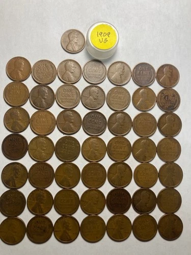 1909(P) LINCOLN WHEAT CENT PENNY ROLL, 50 coins, "VERY GOOD" condition