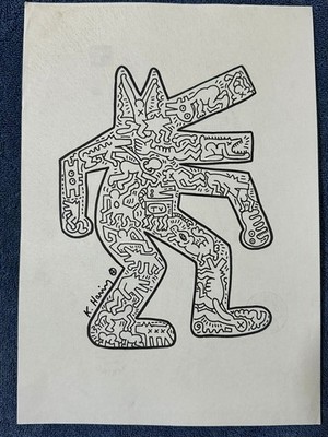 keith haring drawing and painting on old paper signed stamped vintage