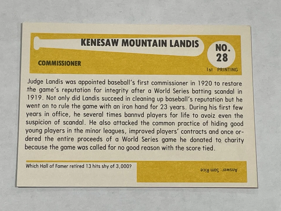 1980-87 SSPC HOF Baseball #28 - Kenesaw Landis - Major League Baseball - Image 2 of 2