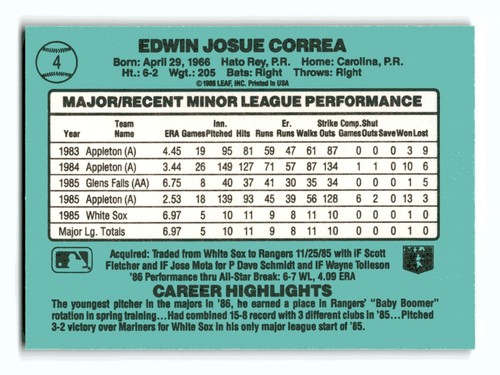 Ed Correa 1986 Donruss The Rookies RC #4 Texas Rangers NM-MINT - Foto 2 di 2