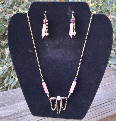 (GF) Necklace Set w/ FW Pearl VINTAGE PINK BUGLES Crystal Artisan Made