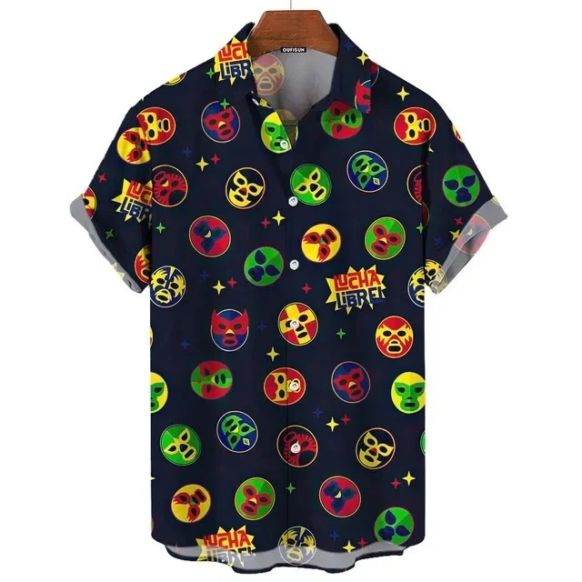 Men's Lucha Libre Wrestling Print Button-Down Hawaiian Shirt