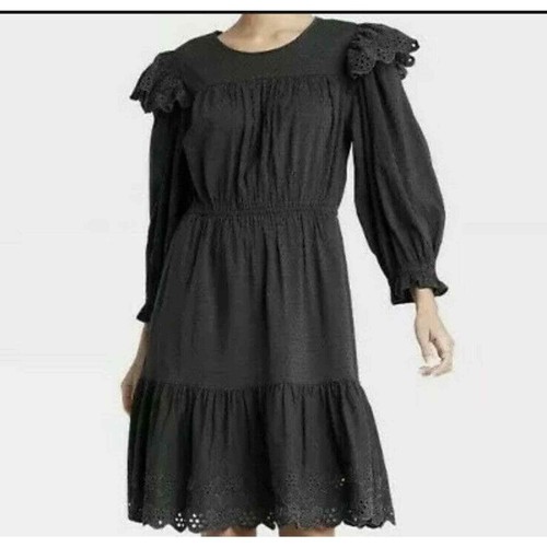Long Sleeve Boho Peasant Dress Black 