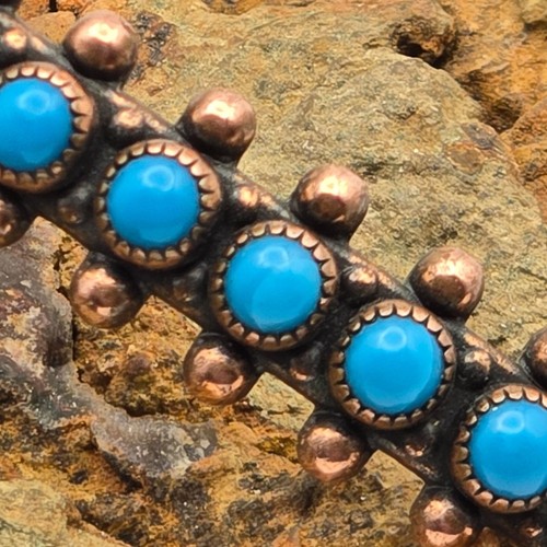 VTG Wheeler Copper Turquoise Petit Point Cuff Bracelet 6.5" Stamped Design - Picture 13 of 14
