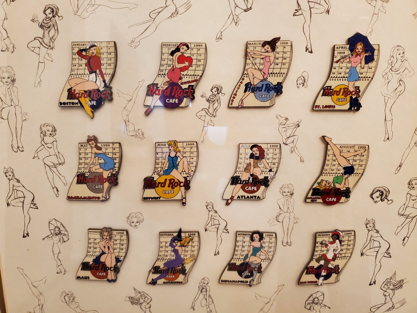 Hard Rock Cafe 1999 Calendar Girls Framed Lapel Pins Limited Edition 729/1999