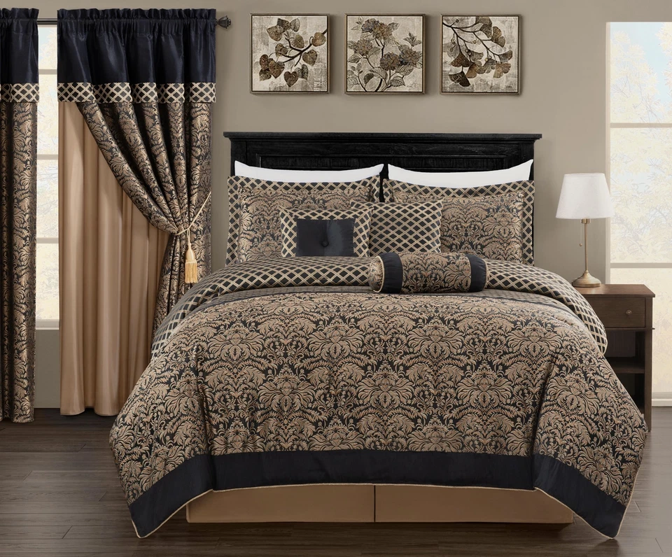 Chezmoi Collection 7-Piece Black Gold Jacquard Woven Floral Comforter Set - Image 2 of 4
