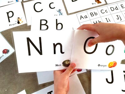 Große Alphabet Lernkarten Großbuchstaben Kleinbuchstaben & Wörter & Bilder + ABC Matte