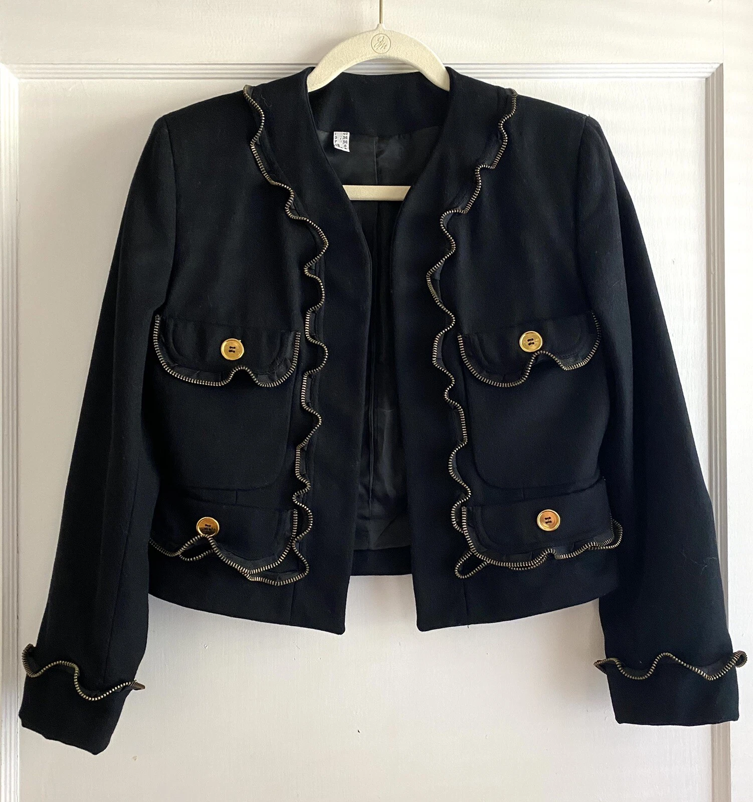 Giacca blazer vintage Moschino lana nera cashmere oro bottoni con cerniera taglia 40 6