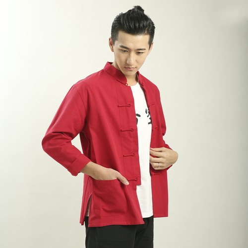 Uomo Cotone Camicia Giacca Cappotto Stile Etnico Cinese Kung Fu Rana Bottone IN - Foto 12 di 17