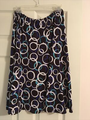 Ruby Road Black Blue Teal White Abstract Print Skirt Elastic Waist Size Medium