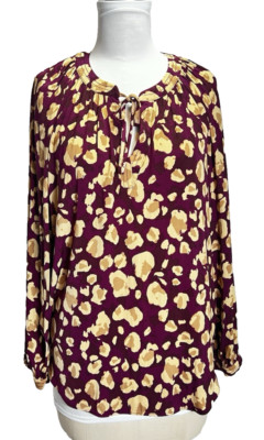 Nine West Maroon and Gold Animal Print Long Sleeve Blouse Women's Size Large