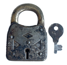 ANTIQUE "SIX LEVER" STEEL PADLOCK WITH BRONZE SHACKLE AND KEY MADE IN USA