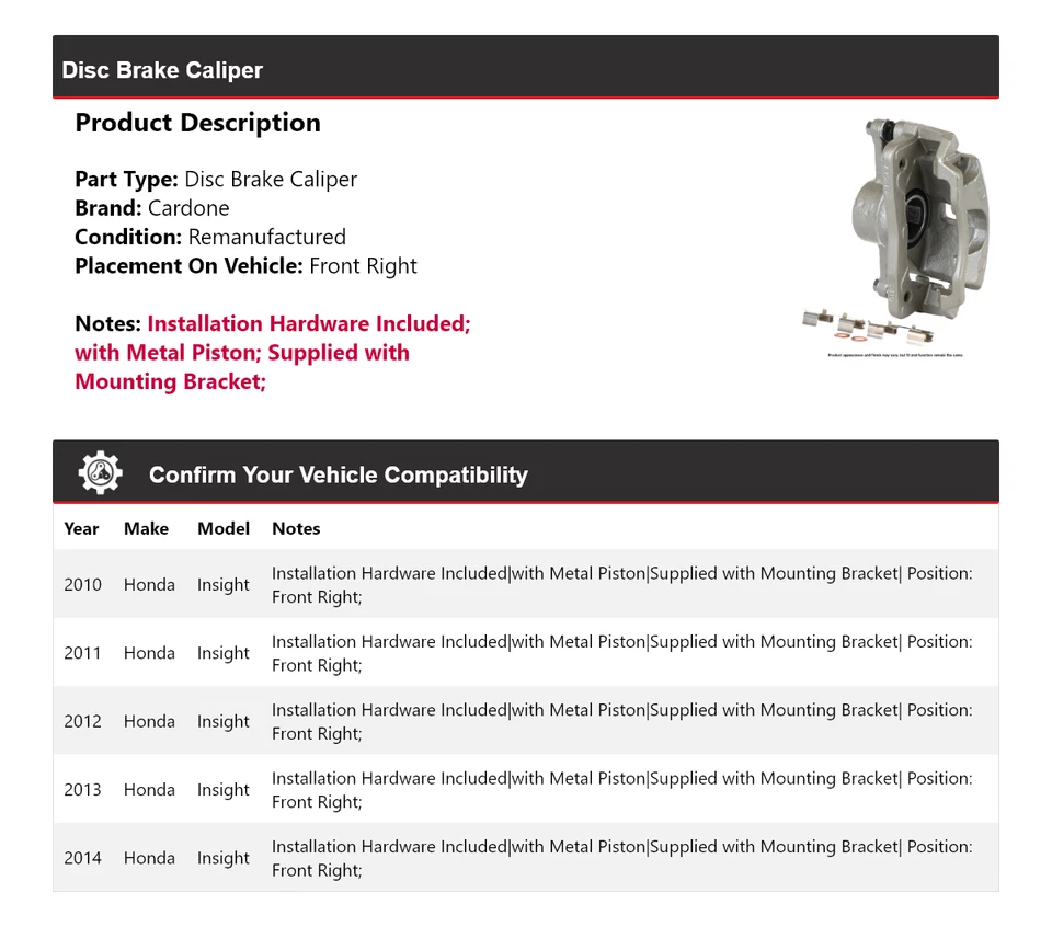 Pinça de freio a disco dianteira direita Cardone 2011 2012 Honda Insight 2010-2014 - Imagem 2 de 4