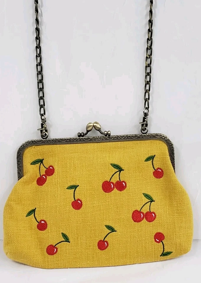 Bolso Cartera Kisslock Bordado Cerezas con Cadena Amarillo Lino Mezcla Algodón Foto 3 de 4