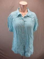 Avenue Size 14/16 Women Blue 100% Linen Short Sleeve Button Up Summer Blouse 743