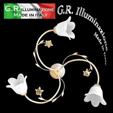 PLAFONIERA IN FERRO BATTUTO 3 L. AVORIO ORO VT. ALABASTRO BIANCO LAMPADARIO Dina