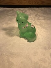 Fenton Green Seamist iridescent Sitting Cat Hand Painted Signed Carol Griffiths