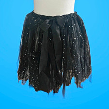 Women s Black Tulle Glitter. Tutu Skirt M Short Elastic Waist Stars Dots. W/bow.