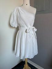 Nine West White One Shoulder Short Dress Fit & Flare Belted Sheer Cocktail S