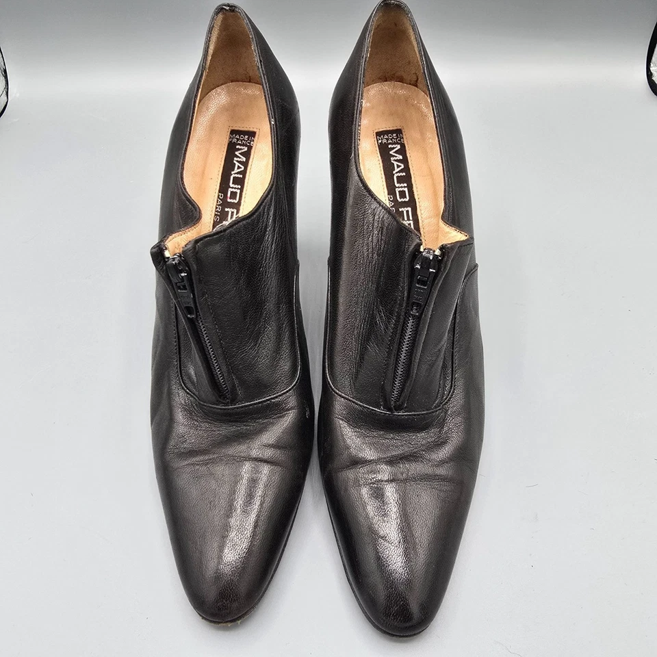Vintage 1980s Maud Frizon Paris Black Leather Zip-Front Ankle Pumps (7.5B) - Image 2 of 4