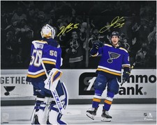 Jordan Kyrou and Jordan Binnington Blues Signed 16x20 Celebration Photo