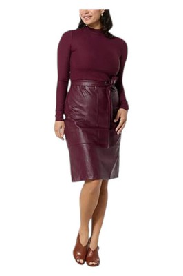 Colleen Lopez Women's Ribbed Knit Faux Leather Belted Dress Cabernet