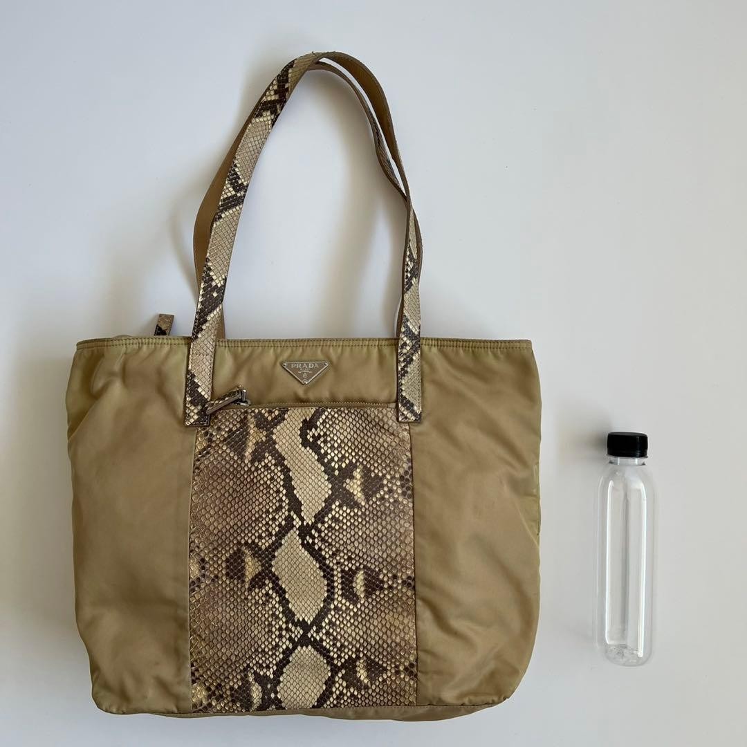 PRADA Nylon Leather Tote  Auth Beige Python Patte… - image 5