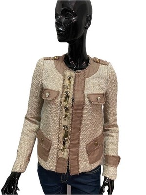 Liu Jo Damen Tweed-Jacke Elegant Knöpfe Gold Beige Größe 42 Regular