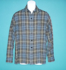 Vtg 50s 60s McGregor Wool Blend Board Shirt Blue Gray Plaid Loop Collar Sz S/M