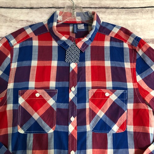 H&M Divided Shirt Mens M Red White Blue Plaid Button Up Cotton Long Sleeve New