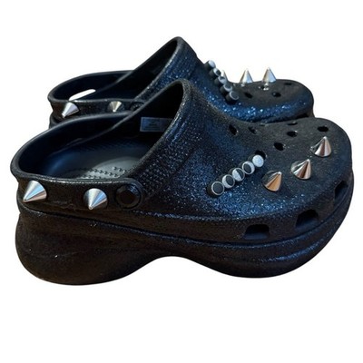 Crocs Classic Bae Glitter Stud Women's Wedge Clogs Shoes Black Size 7 NWOT
