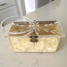 Vintage Clear Lucite Box Purse Handbag Floral Etched Gold Tone Metal Clasp