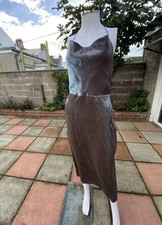 ZARA SILVER METALLIC SATIN CAMISOLE MIDI DRESS WITH CROSSOVER BACK STRAPS SIZE M