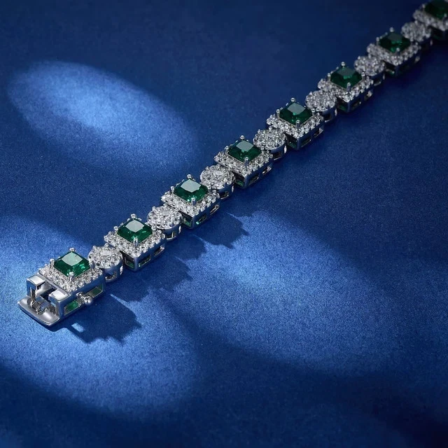 17Ct Princess Cut Lab Created Green Emerald Tennis Bracelet 14K White Gold Pated - Image 4 of 4