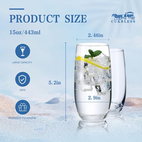 CUKBLESS Drinking Glasses Set of 6 Crystal Highball Water Glasses Glass Cups ... - Picture 4 of 6