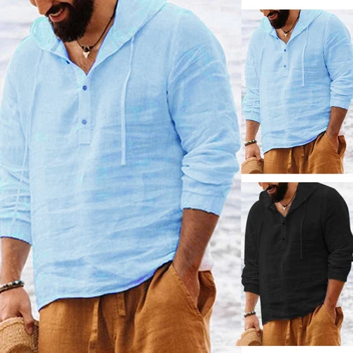Men Autumn Casual Cotton Linen Shirt Long Sleeve Hooded Loose Blouse Button Top - Picture 4 of 17