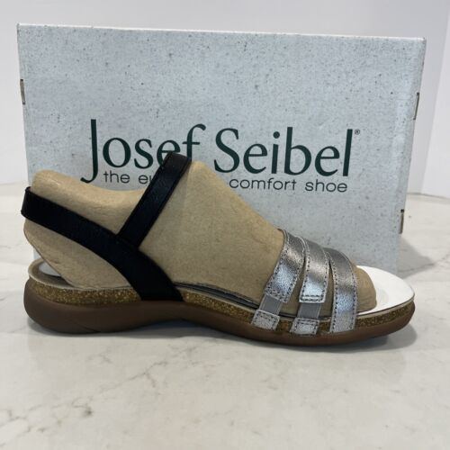 Josef Seibel NEW Strappy Comfort Walking Sandals Silver Black Cork EU 42 US 11 - Picture 5 of 13